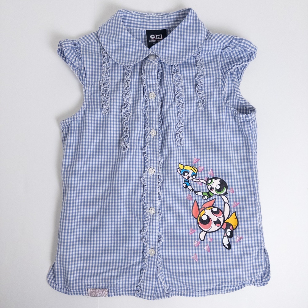 Vintage Cartoon Network Y2K‎ Powerpuff Girls Gingham Blouse Blue Girls 6-7